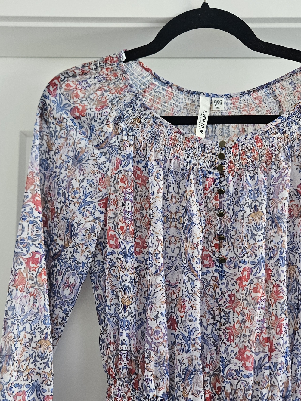 Ever New Blue & Coral Floral Long-Sleeve Smock Dress Sheer Mini Size Small - Picture 2 of 5